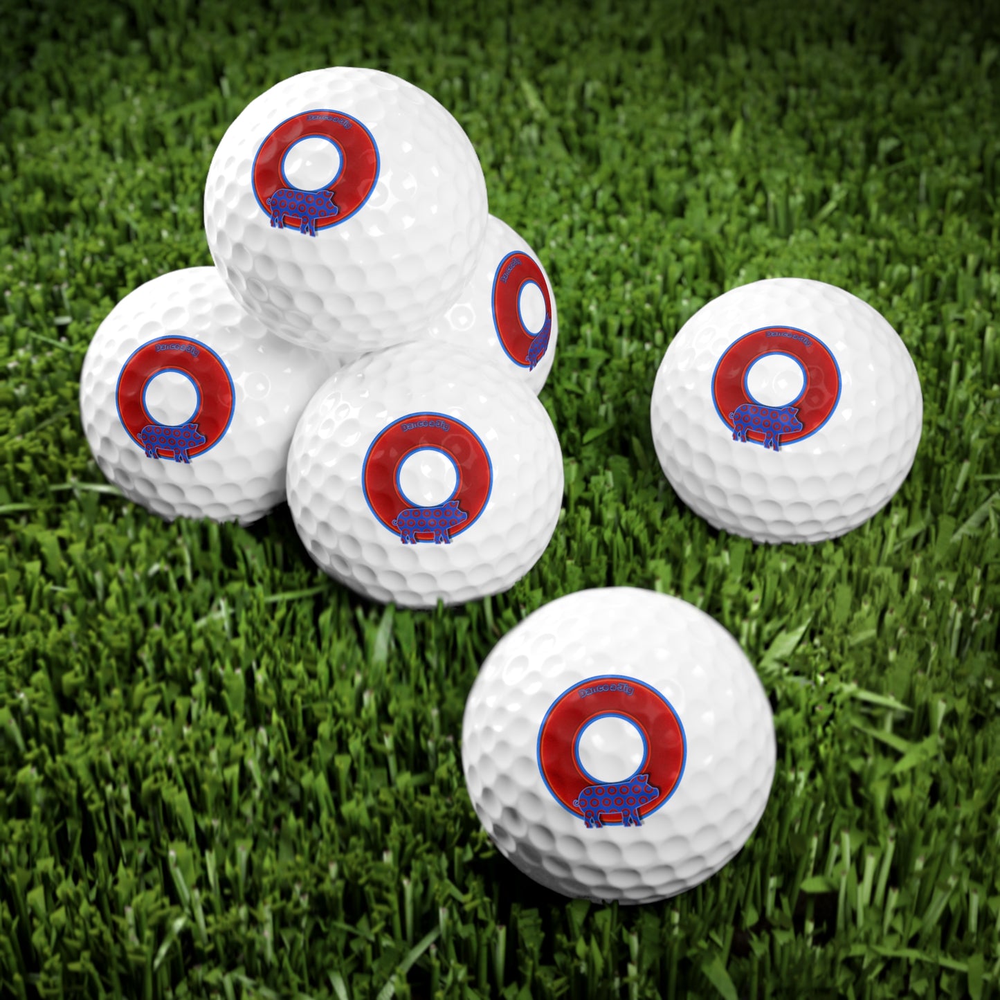 Lumpy Donut Golf Balls - 6-pack - "Guyute's All-Pork [Golf] Balls" - red/blue donut - getting jiggy w/it - variant 2