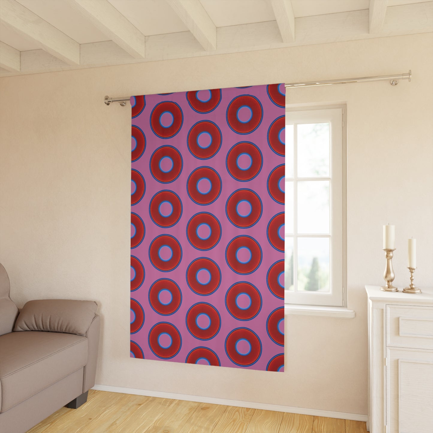 Lump's Heady Curtain w/Donuts - vivid red donut print - w/pink background - [*1 Piece / 50" x 84"]