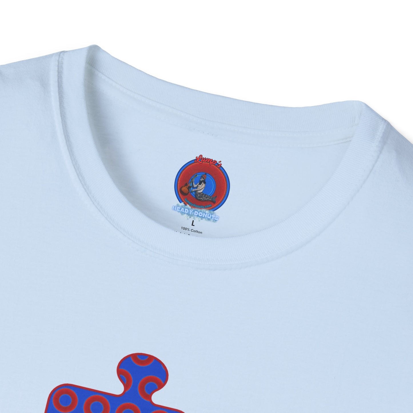 Classic Donut Tee - Unisex Soft-Style - "Trey's Completed Donut Pattern" - vivid red/blue puzzle pattern - variant 2