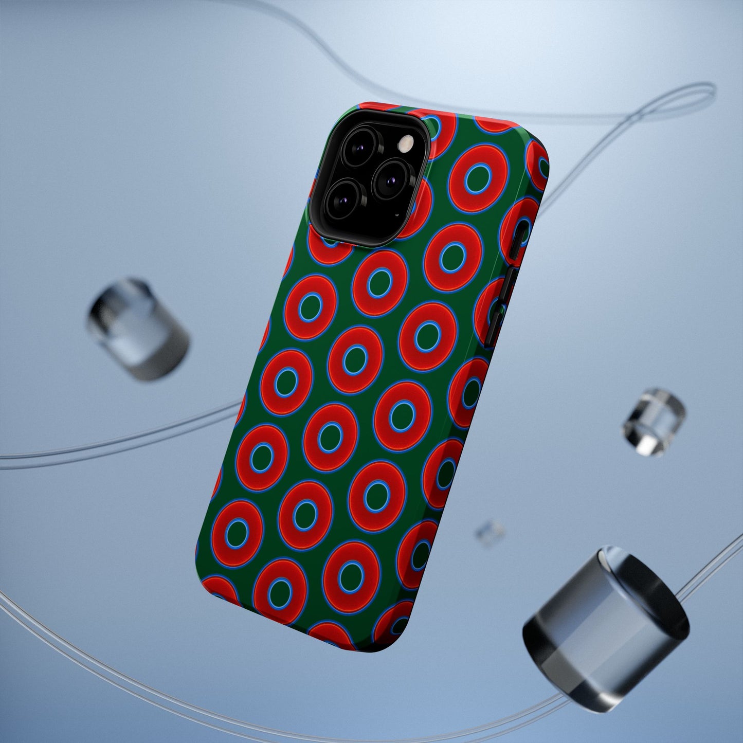 Impact-Resistant Lumpy Donut Case - red vivid donut print w/dark pond green background