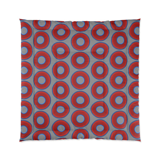 The Very Lumpy Comforter - vivid red donuts w/gray background