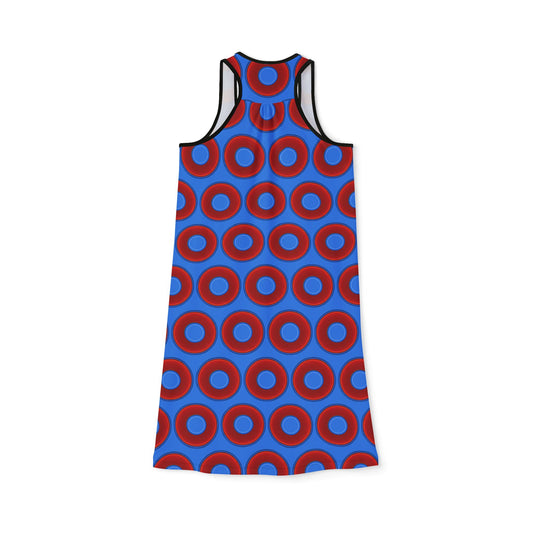 Tela's Lumpy Racerback Donut Dress - red vivid donut print w/light royal blue background