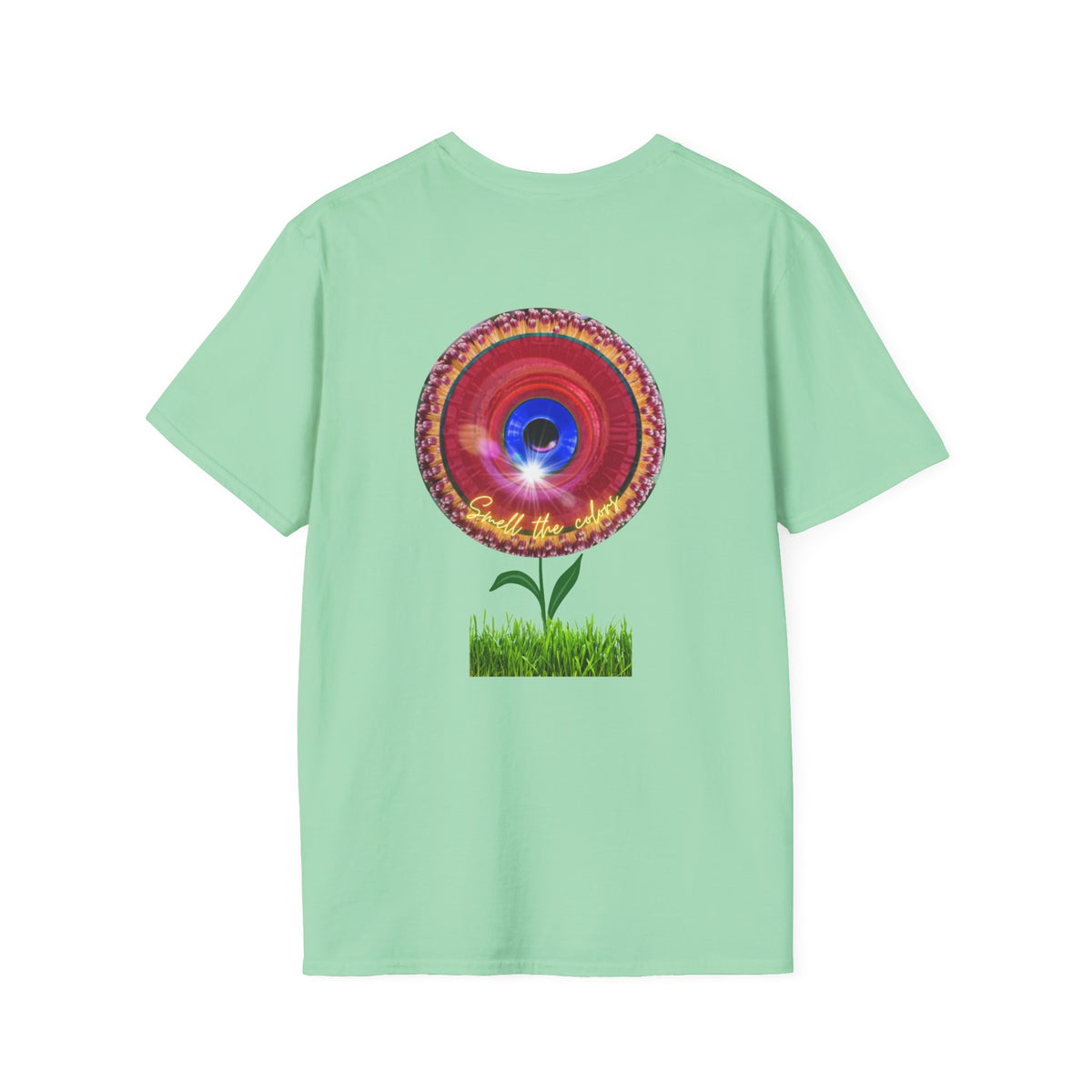 Classic Donut Tee - Unisex Soft-Style - "Smell the Donuts Outside on my Lawn"  " variant 2 - blue donut on red donut/flower