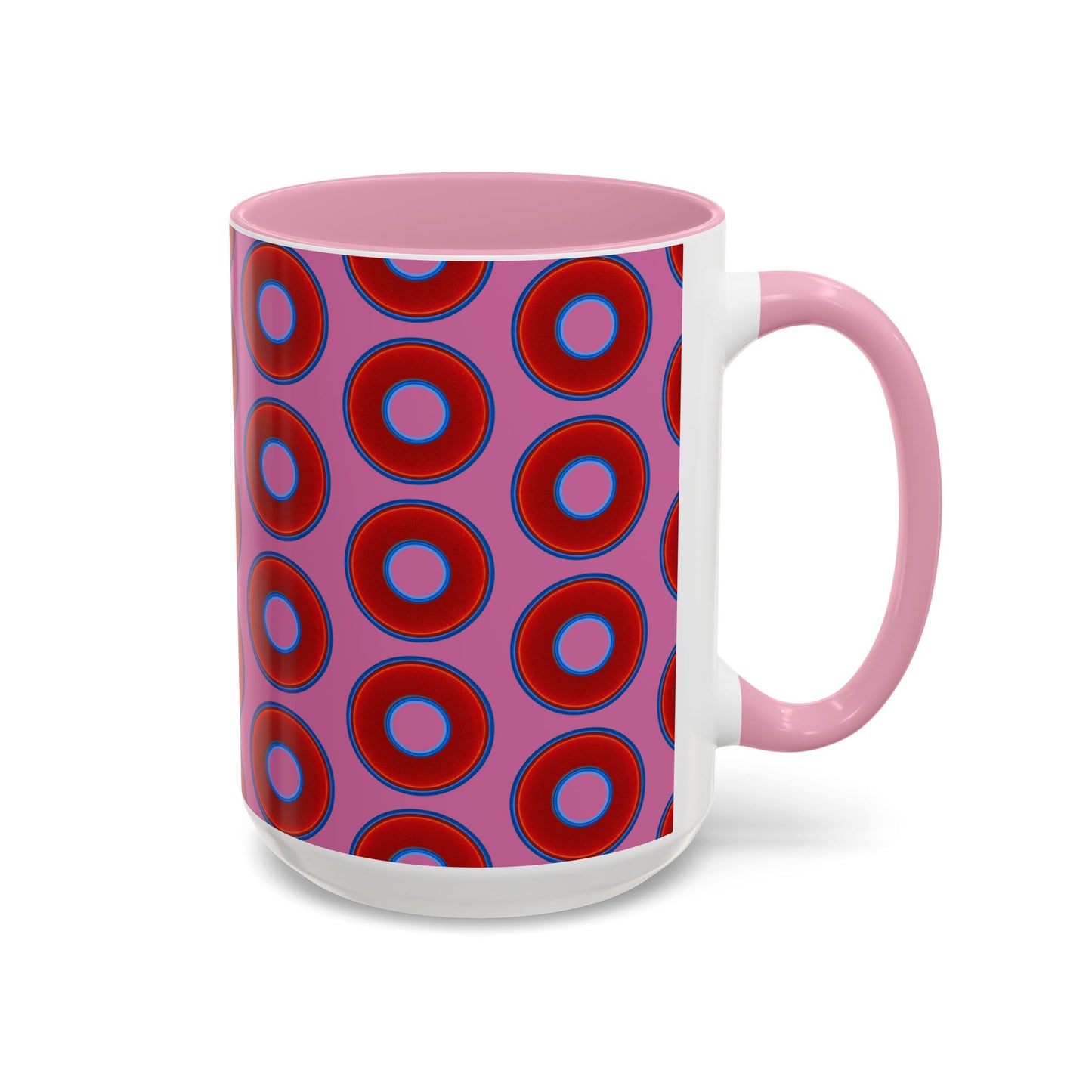 Lump's Grumpy Coffee Mug - vivid red donuts w/pink background