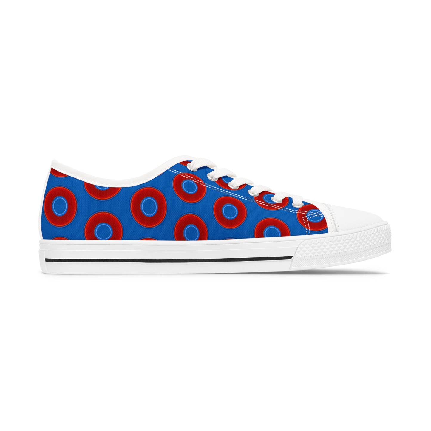 Women's - Low Top Chuck Taylors - large vivid red donut print w/dark royal blue background