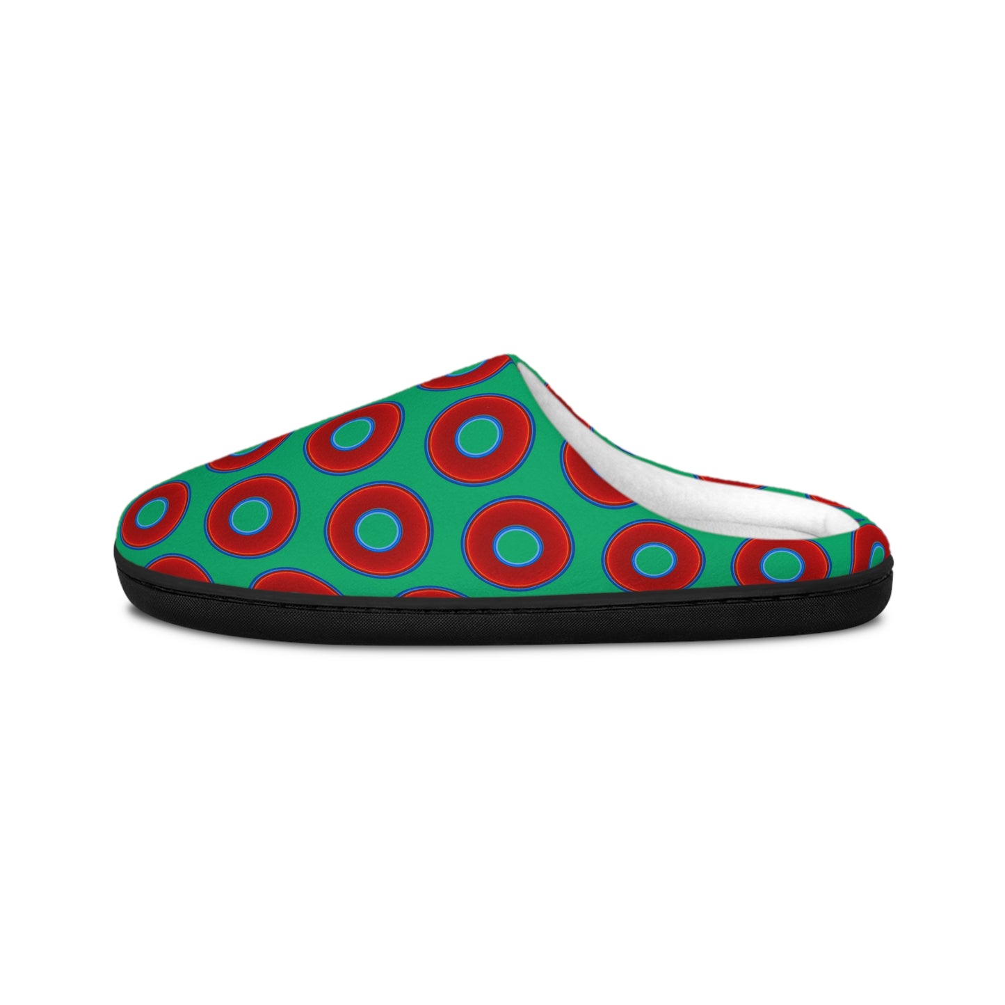 Women's Lumpy Slippers - red vivid donut print w/jade green background
