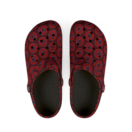 Spatchcocks - donut slip-on shoes - vivid red donuts w/dark red background [unisex]