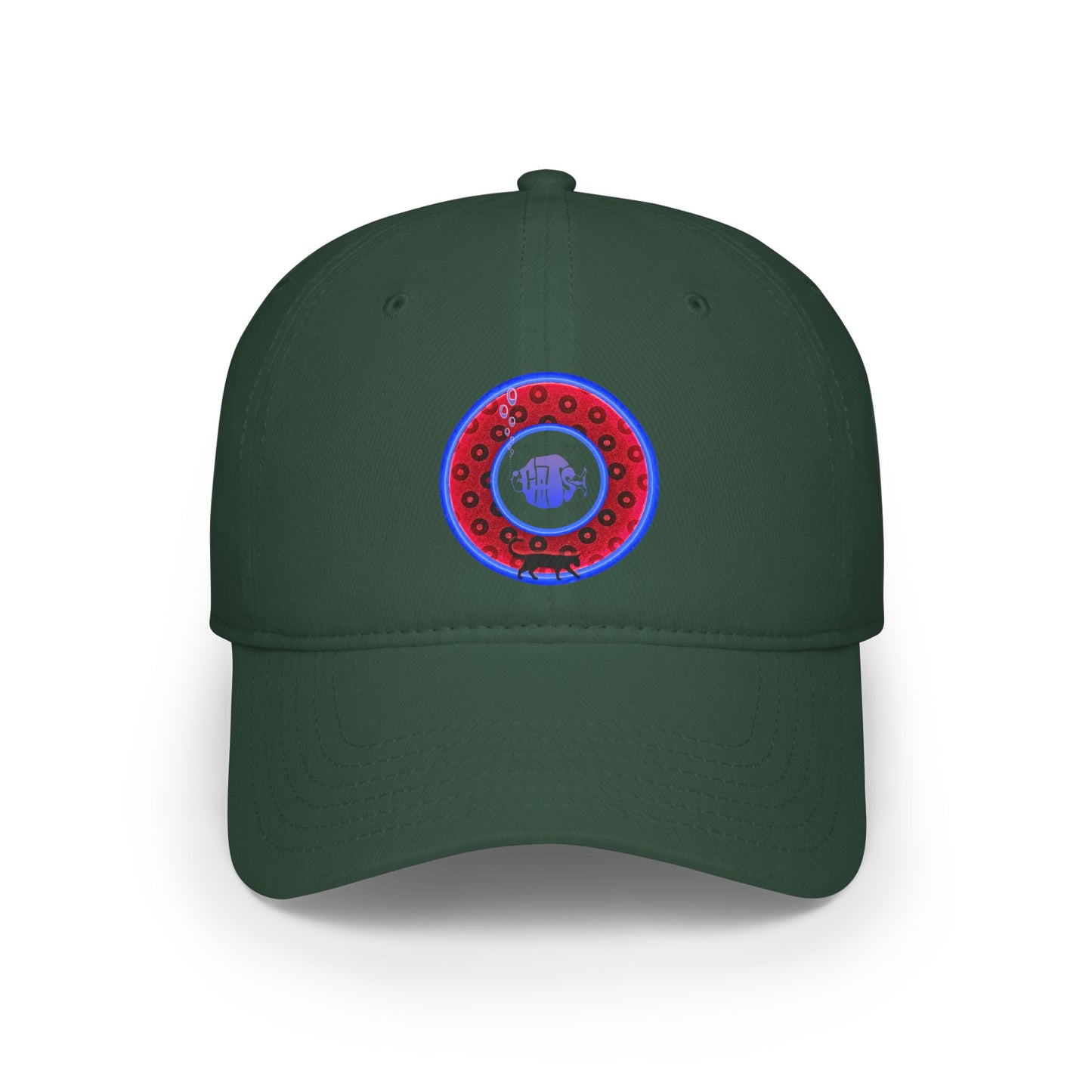 Lumpy Donut Baseball Cap - "My Pet Cat's Donut Cap" - paradoxical red/blue wide mouth donut w/ - variant 3