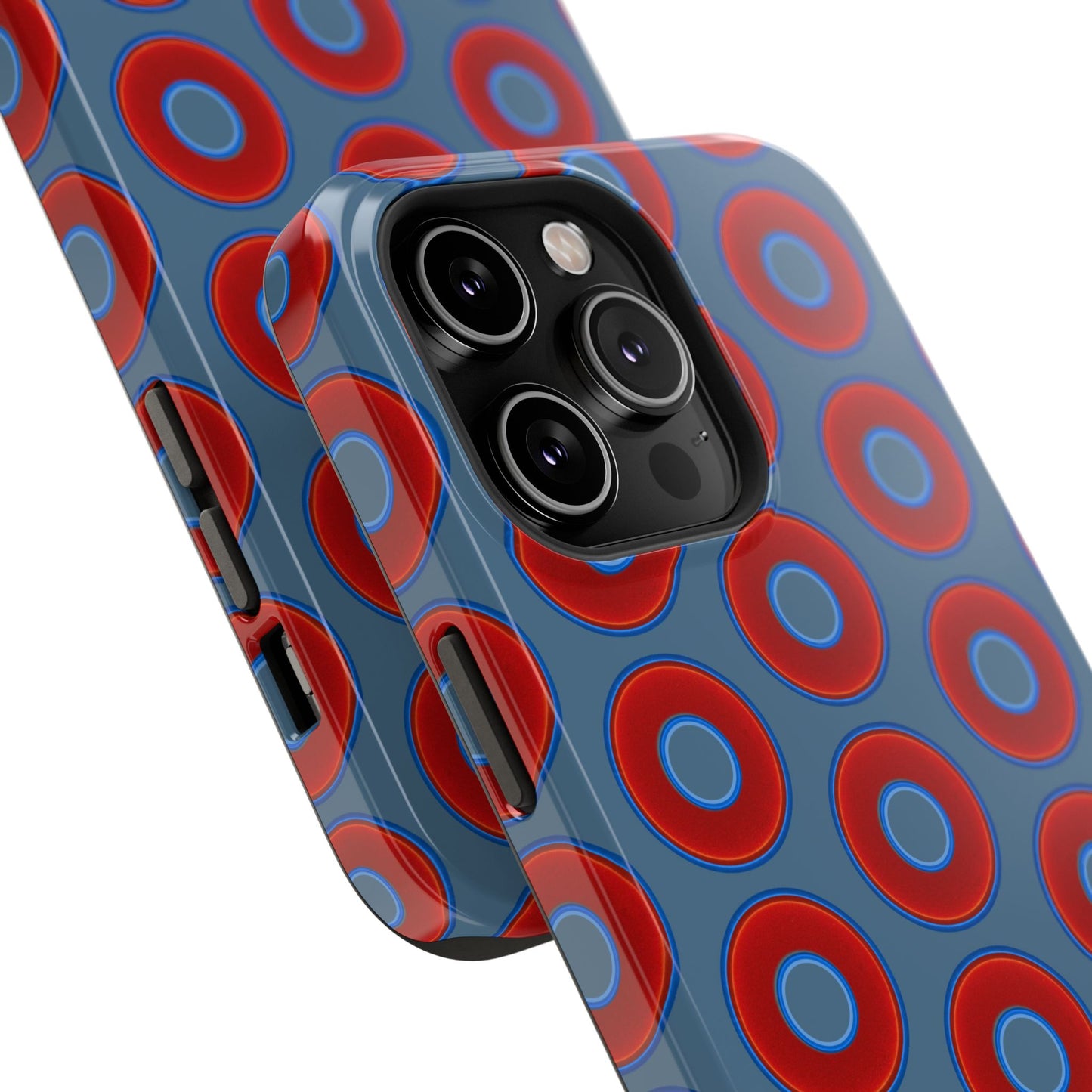 Impact-Resistant Lumpy Donut Case - red vivid donut print w/steel blue background