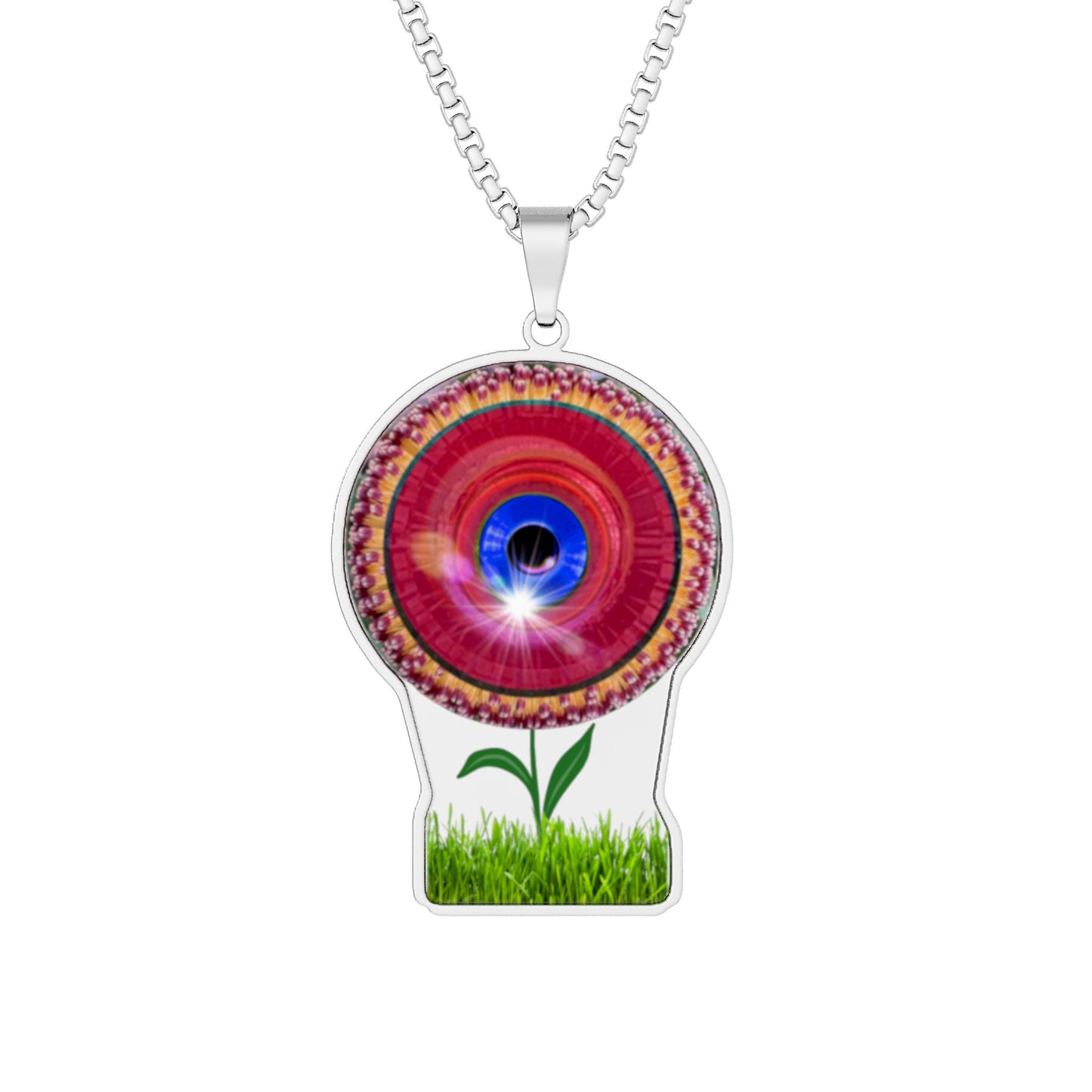 Lump's Heady Donut Necklace - 1" x 1" Stainless Steel Pendant - "Smell the Donuts on my Pendant" - red flour donut - w/lawn - variant 2