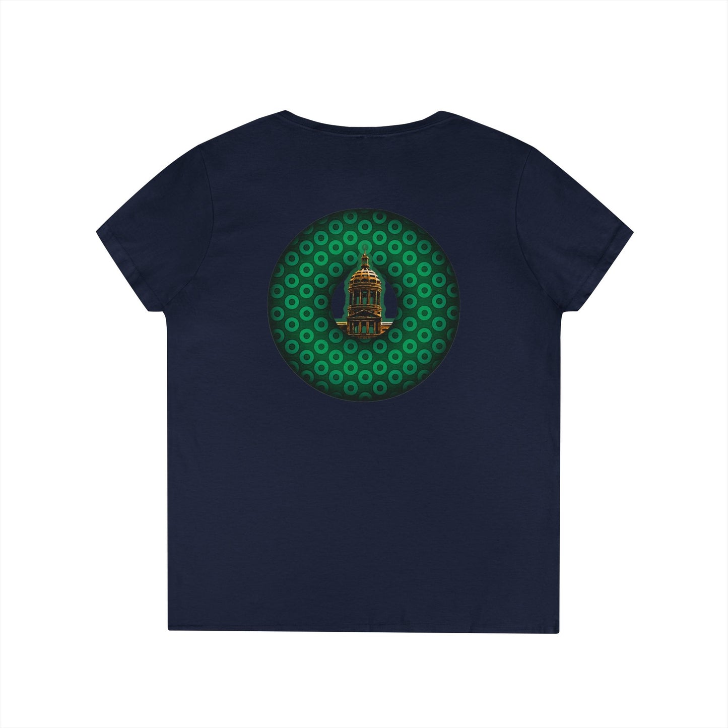 Women's Donut V-Neck Tee - "Save the Mondegreen City Hall Clock Tower" - variant 2 - green/green paradox donut w/