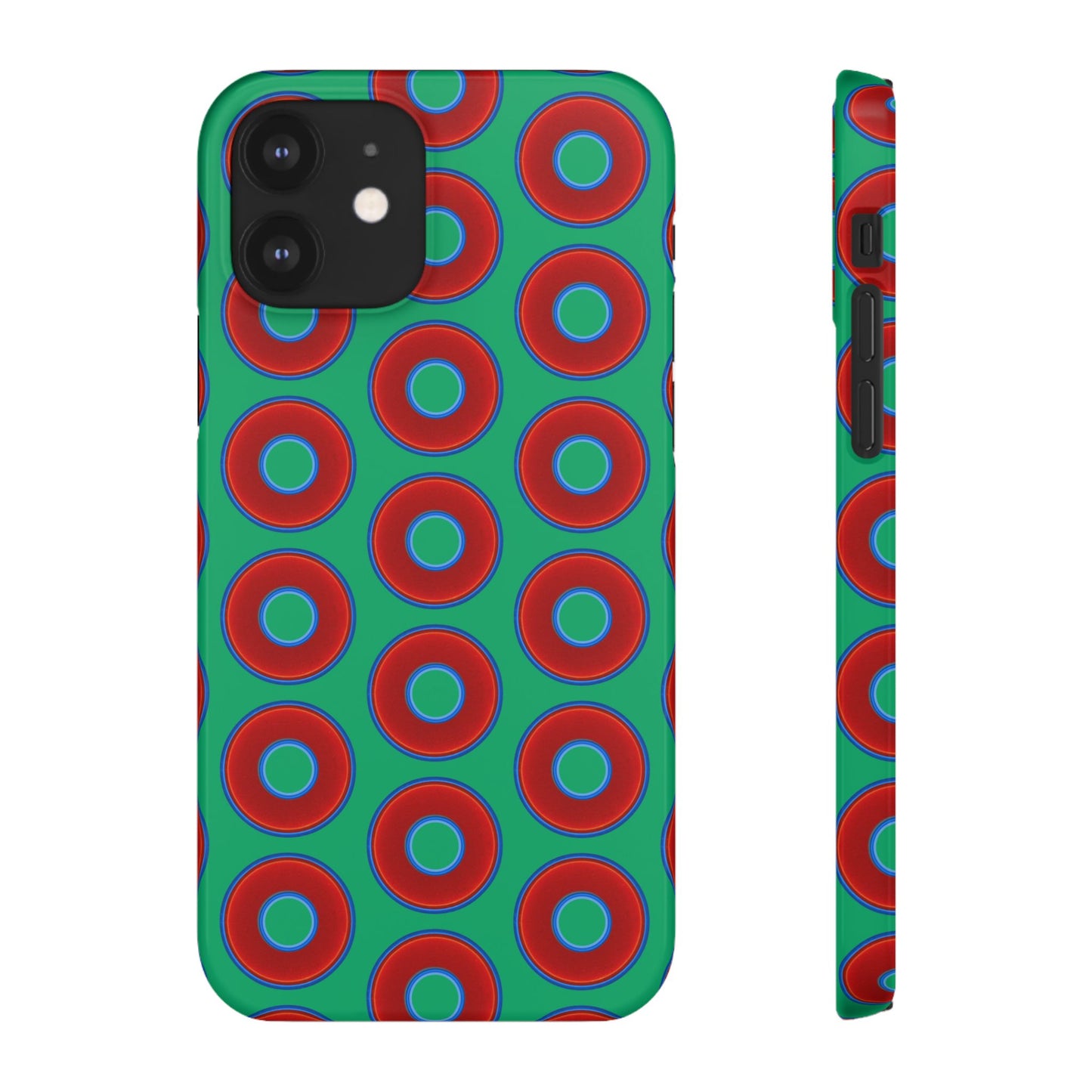Lumpy Donut Snap Case - red vivid donut print w/jade green background