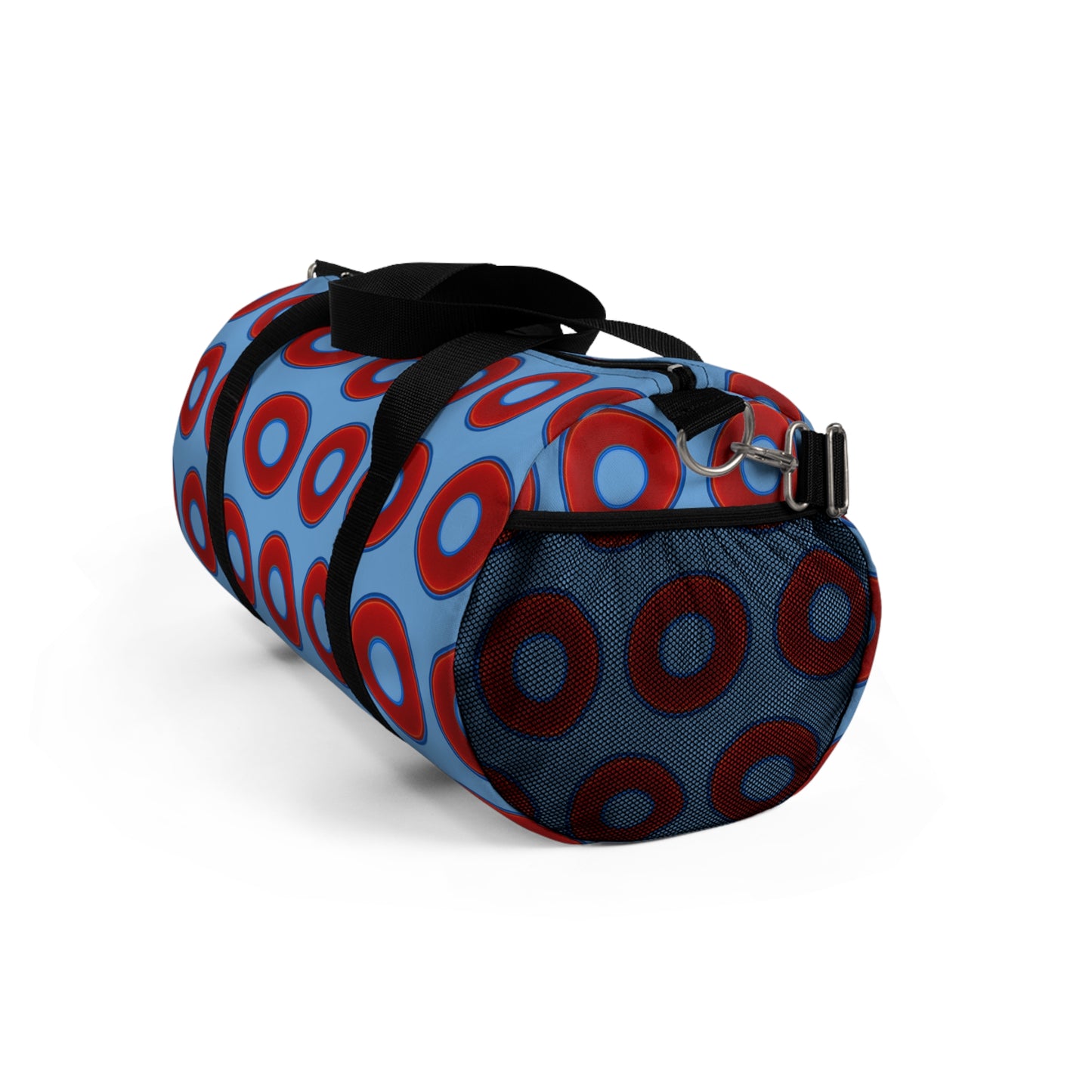 Lumpy Duffel - vivid red donuts w/light blue background