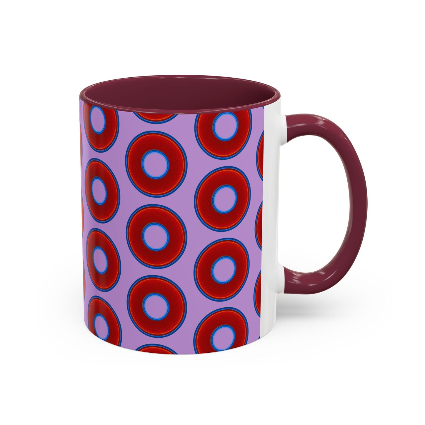 Lump's Grumpy Coffee Mug - vivid red donuts w/wisteria purple background