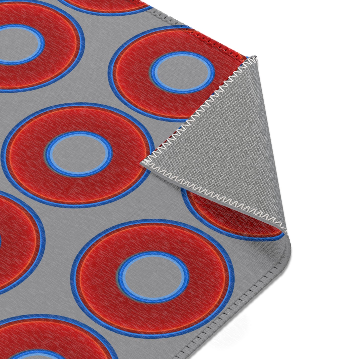 Lumpy Donut Print Rug - choice of 3 sizes - vivid red donut print w/gray background