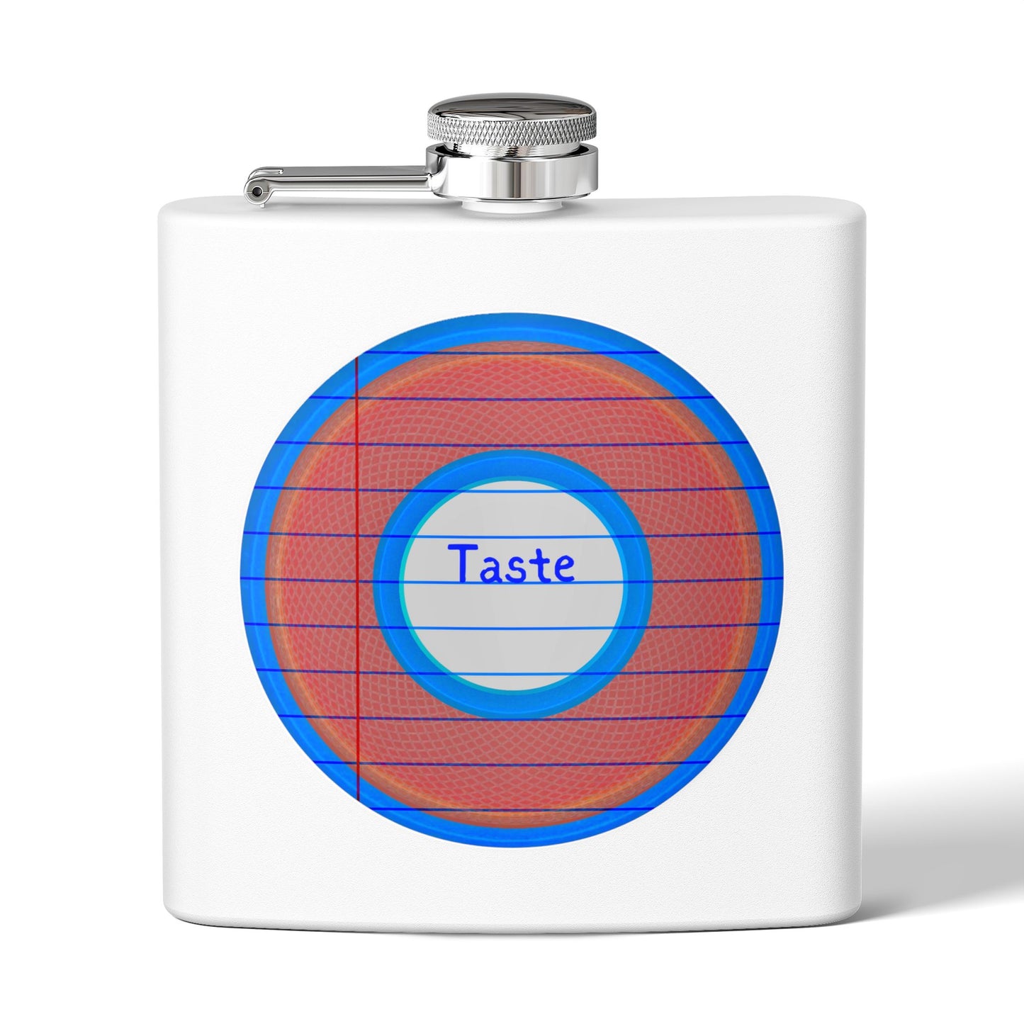 Lump's Donut Flask 6 oz -  "Tasty Flask Donut" - red/blue rustic donut - [*w/your choice of 6 backgrounds]
