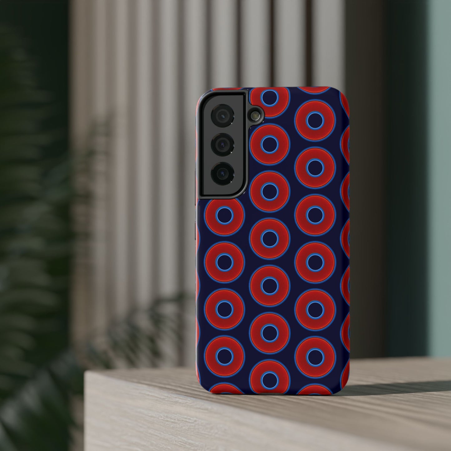 Impact-Resistant Lumpy Donut Case - red vivid donut print w/midnight blue background