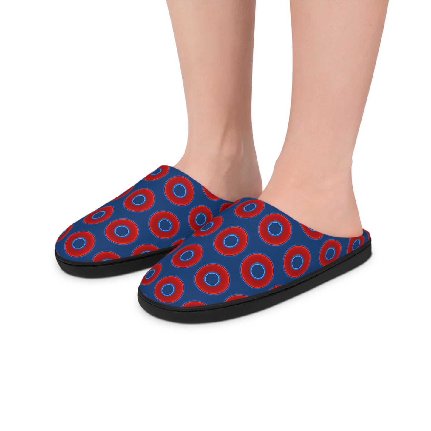 Men's Lumpy Slippers - red vivid donut print w/Atlantic navy blue background
