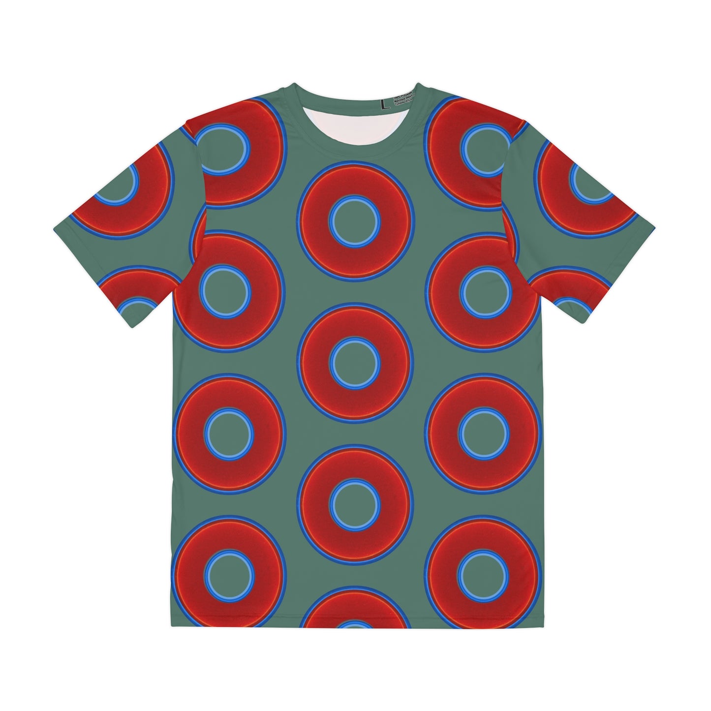 Multi-Beastie Giant Donut AOP Polyester Tee - red vivid donut print w/dark Fenway green background