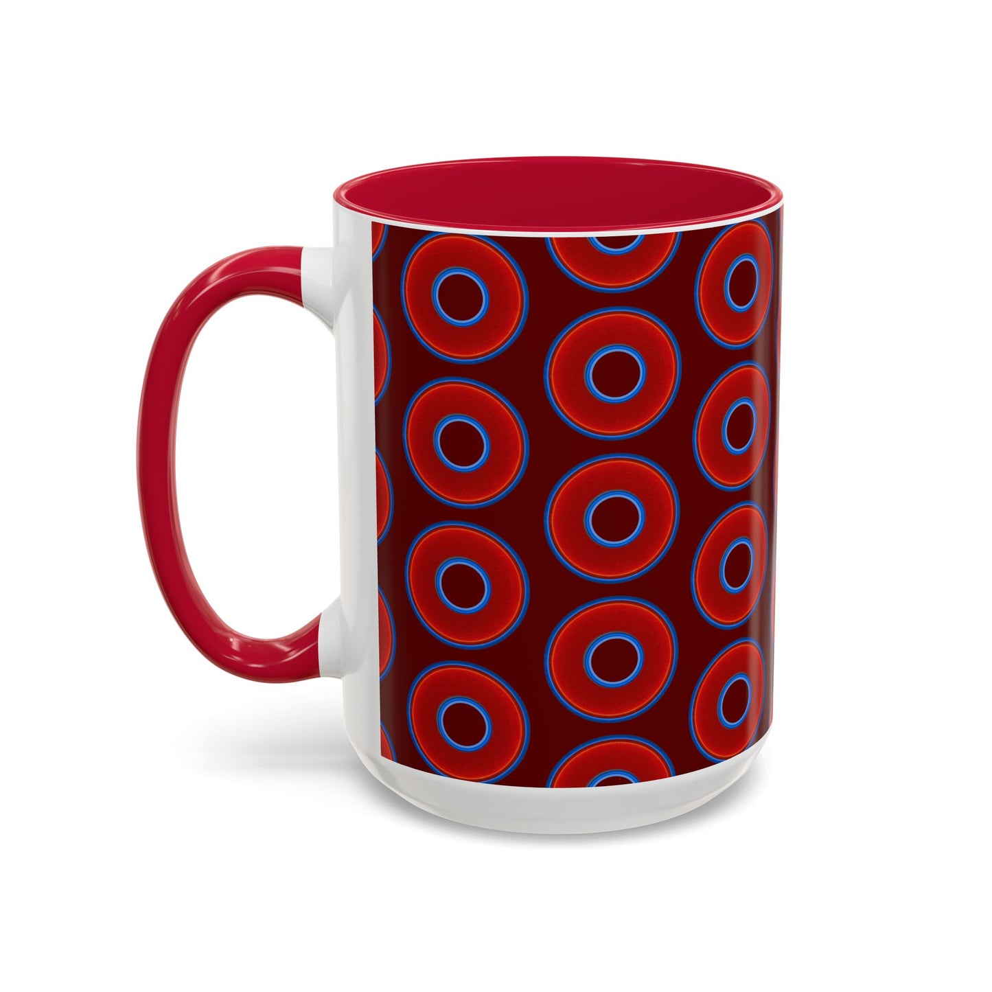 Lump's Grumpy Coffee Mug - vivid red donuts w/dark red background