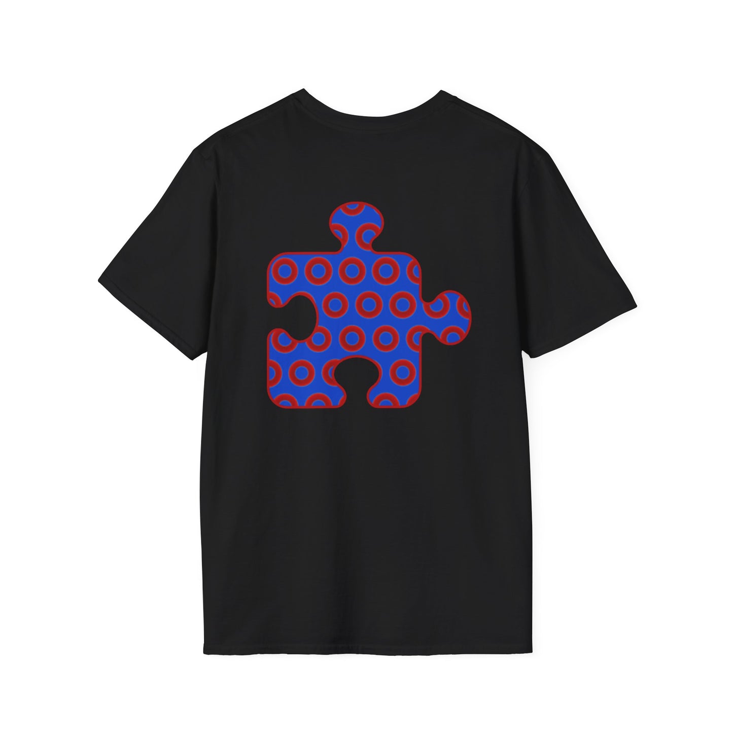 Classic Donut Tee - Unisex Soft-Style - "Trey's Completed Donut Pattern" - vivid red/blue puzzle pattern - variant 2