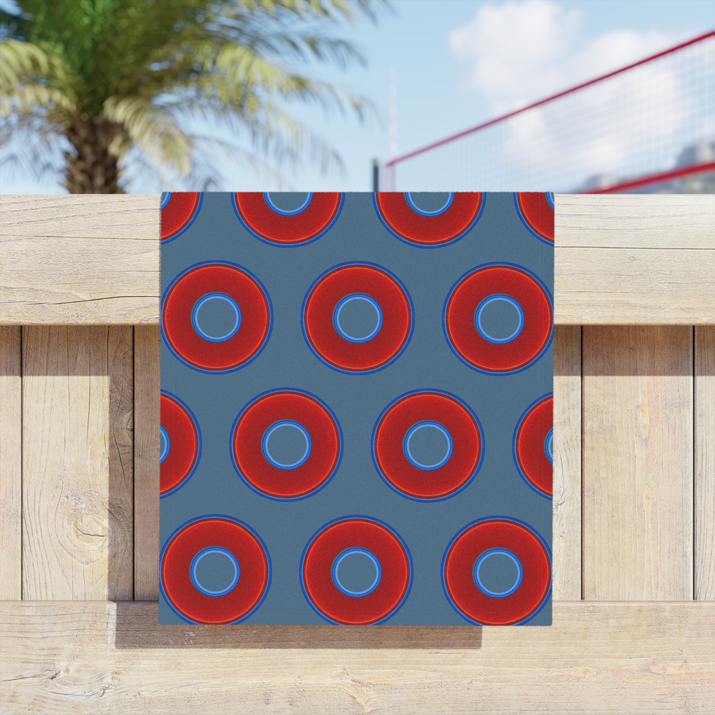 Lumpy Donut Towels - vivid red donuts w/steel blue background