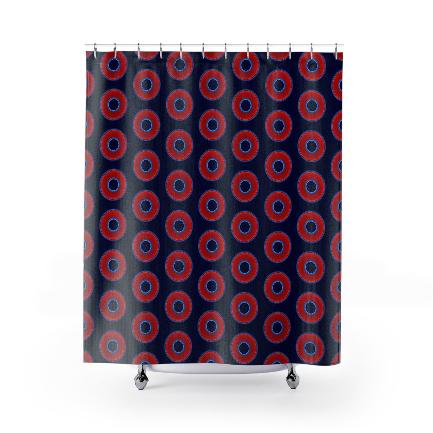 The Curtain With "Donuts" - Lumpy Bath Time Fun - vivid red donuts w/dark navy background