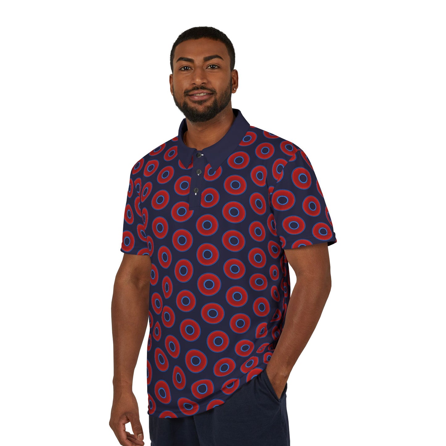 AOP Donut Polo - vivid donut print w/midnight blue background [unisex]