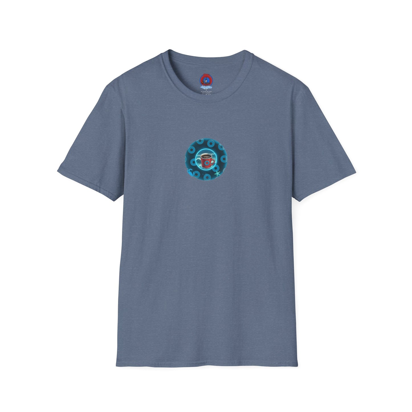 Lumpy Coffee Traders Tee - Unisex Soft-Style - "Good to Last Leaky Drop" - paradoxical donut - variant 2 - ocean donut front/logo back