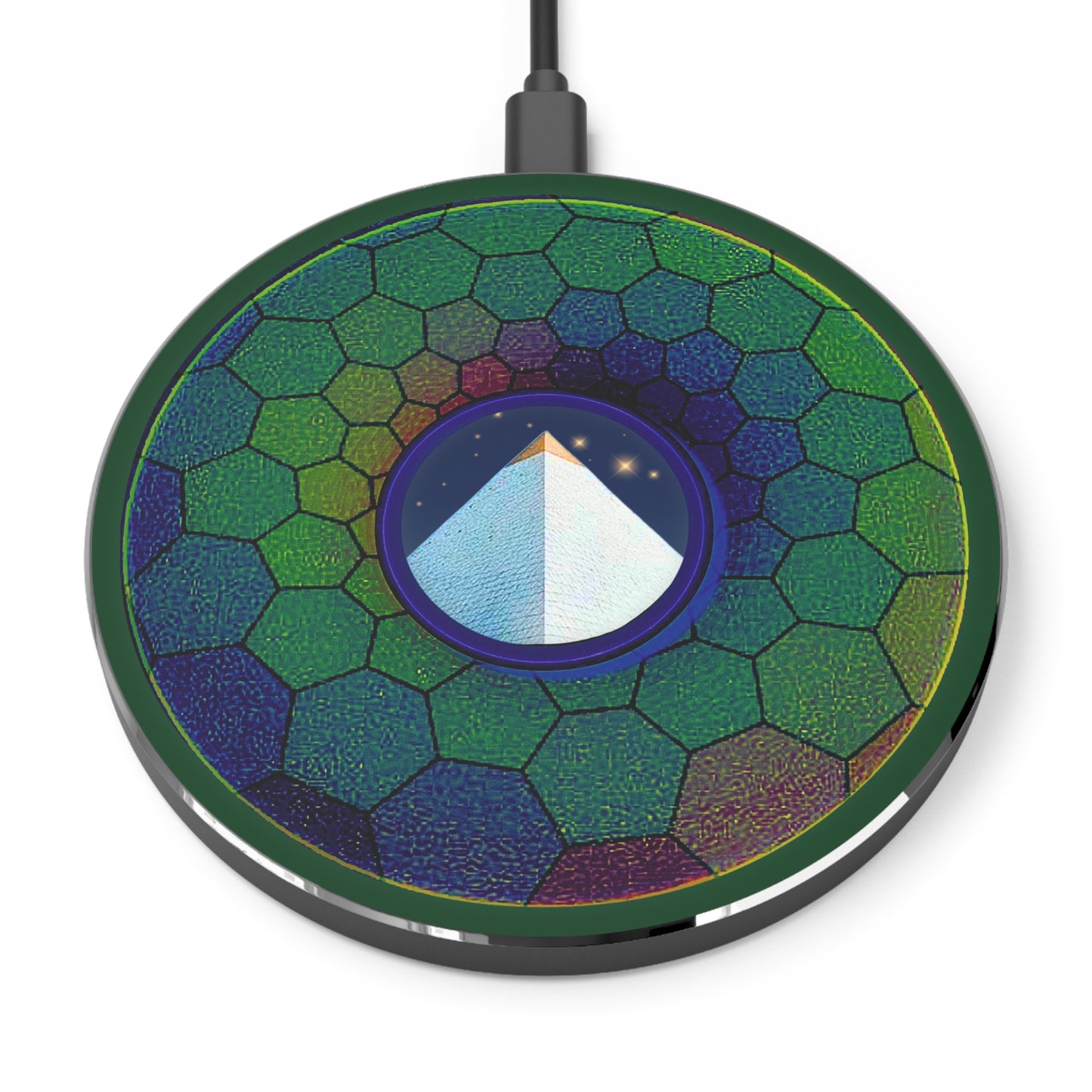 The Flow - Wireless Lumpy Donut Chargers - "Wireless Limestone Donut Chargers so Large" - green hexadonut w/deep pond green background - variant 1