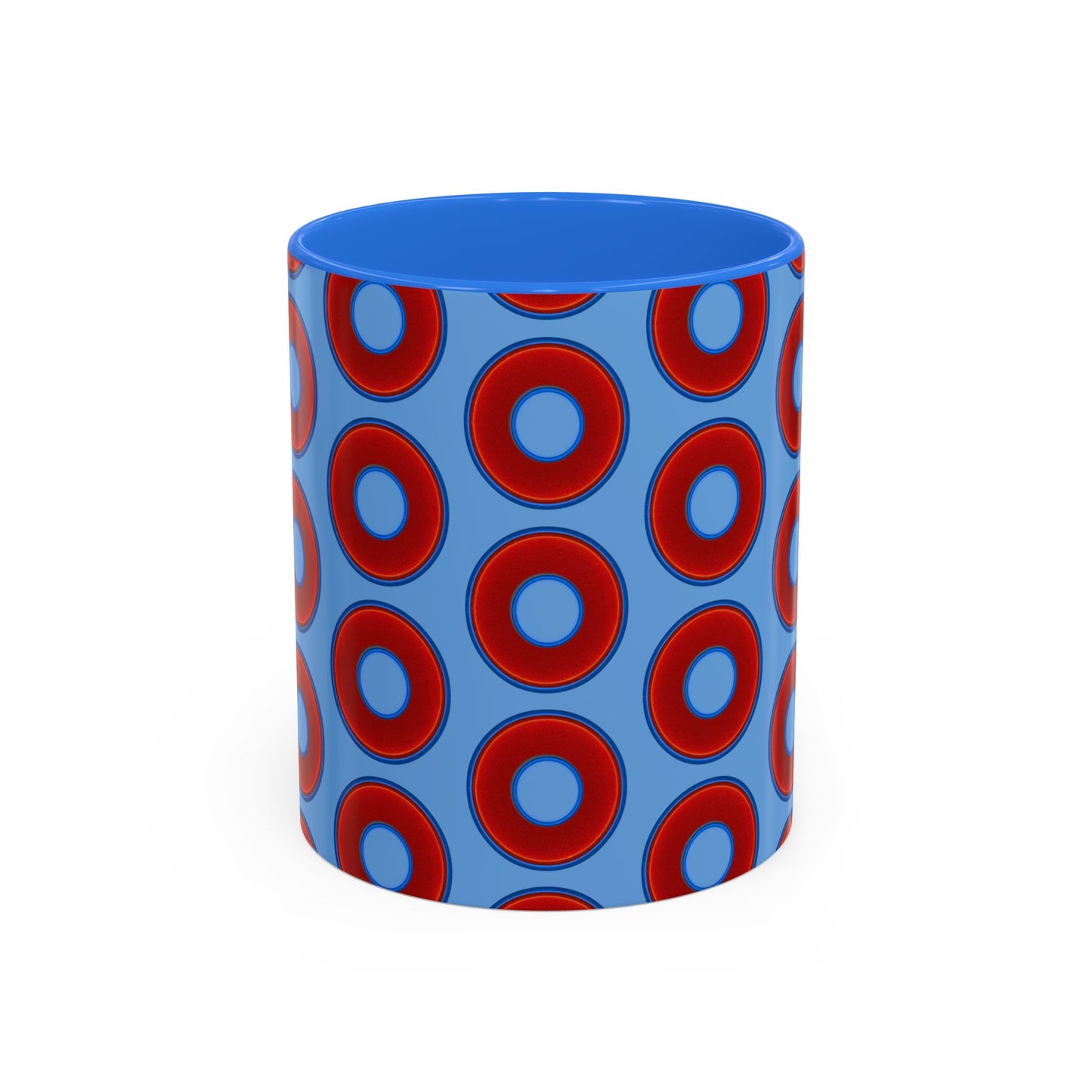 Lump's Grumpy Coffee Mug - vivid red donuts w/light blue background