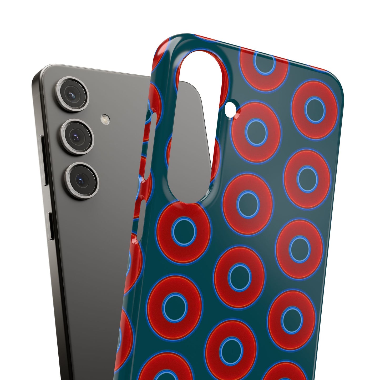 Lumpy Donut Snap Case - red vivid donut print w/midnight teal green background