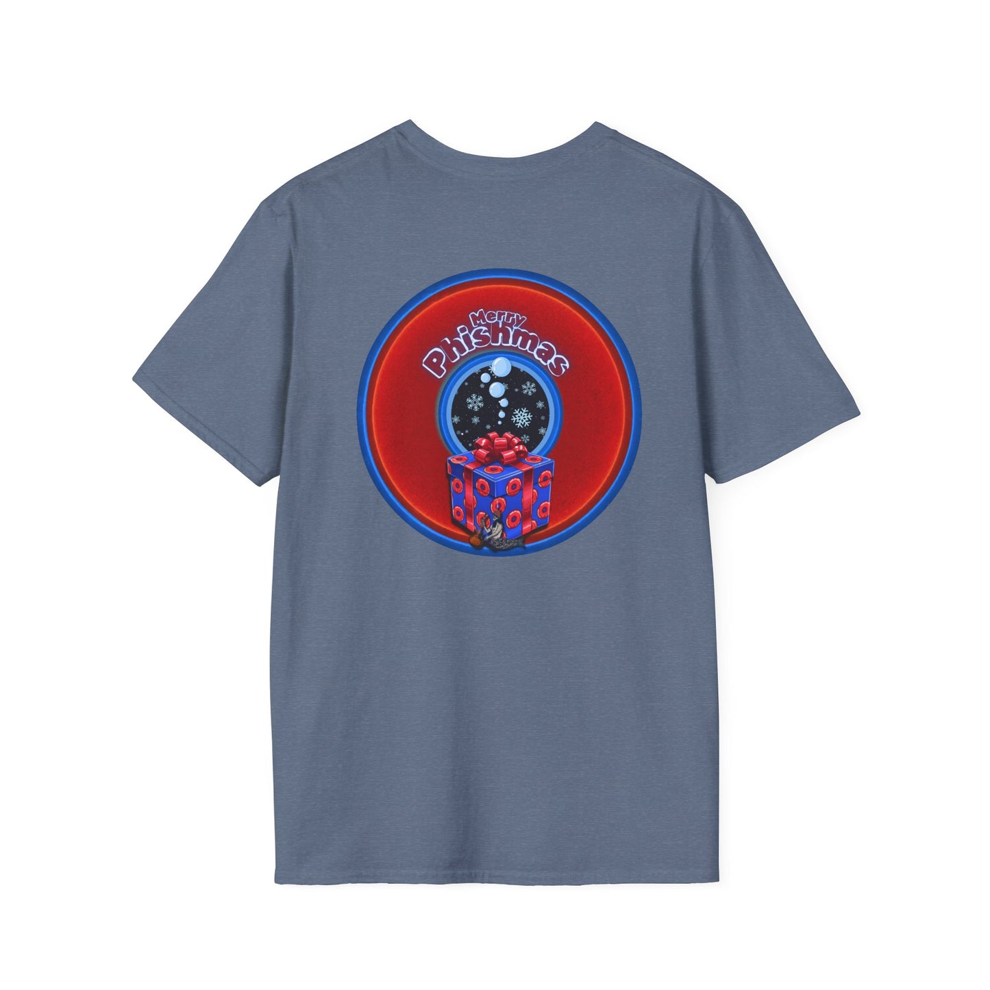 Classic Donut Tee - Unisex Soft-Style - "Phishmas Caroler's Tee " - vivid red/blue donut - variant 4