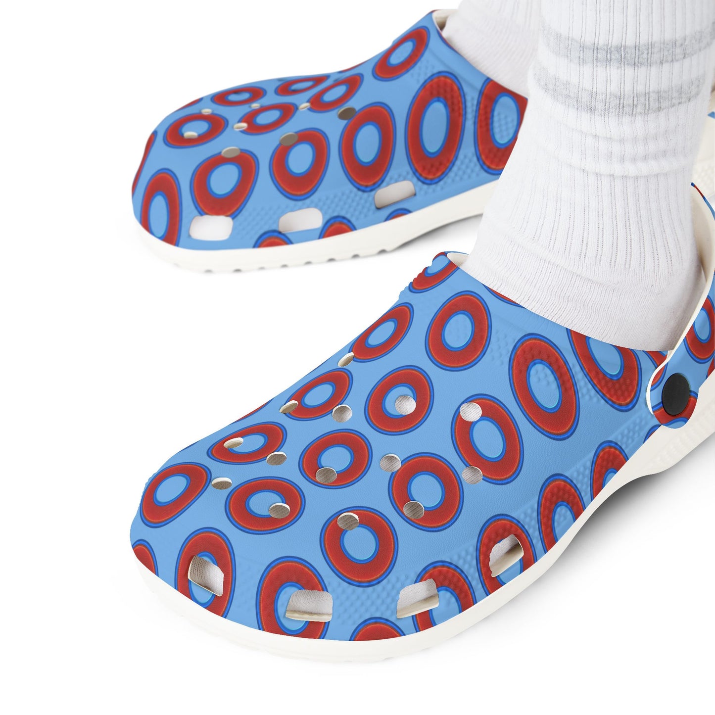 Spatchcocks - donut slip-on shoes - red rustic donuts w/light blue background [unisex]