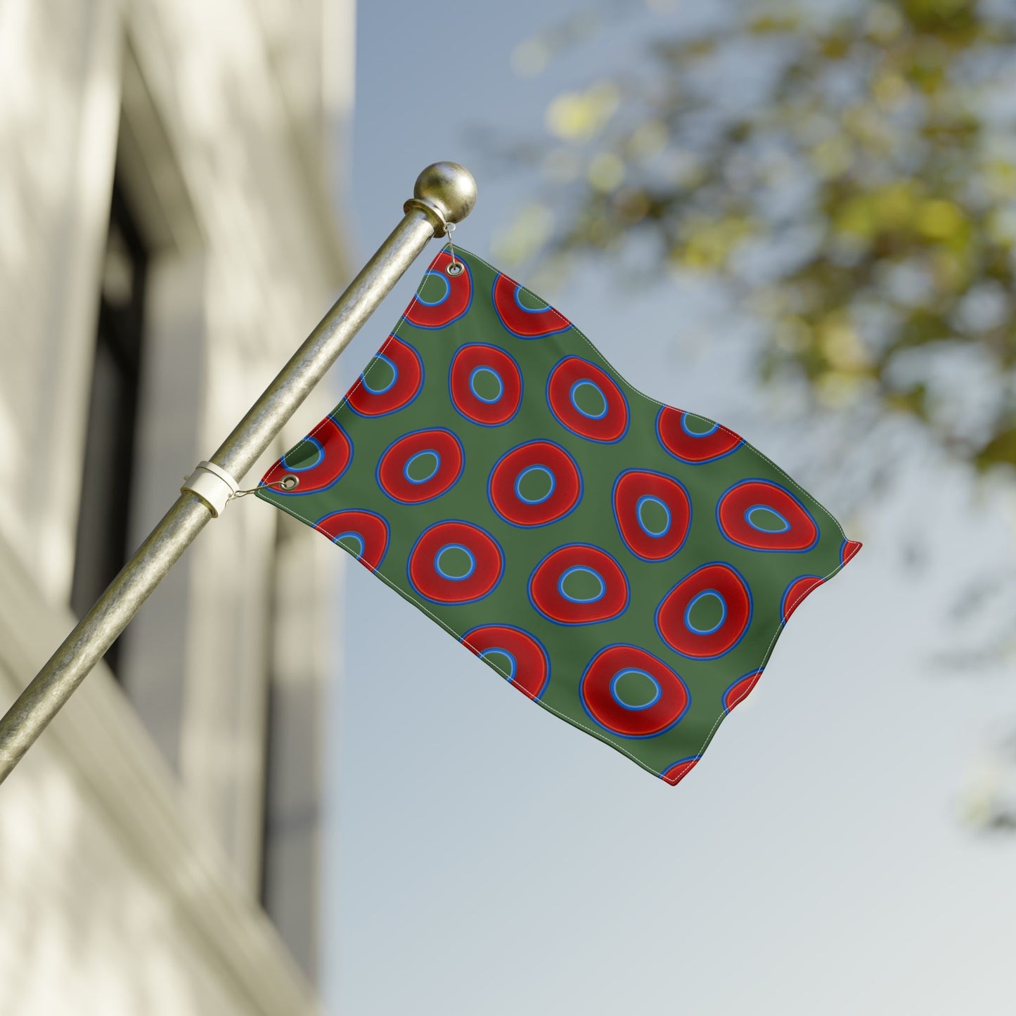Lumpy Flagpole Sitters - Donut Flags [12" x 18"] - red vivid donut print w/dark green background