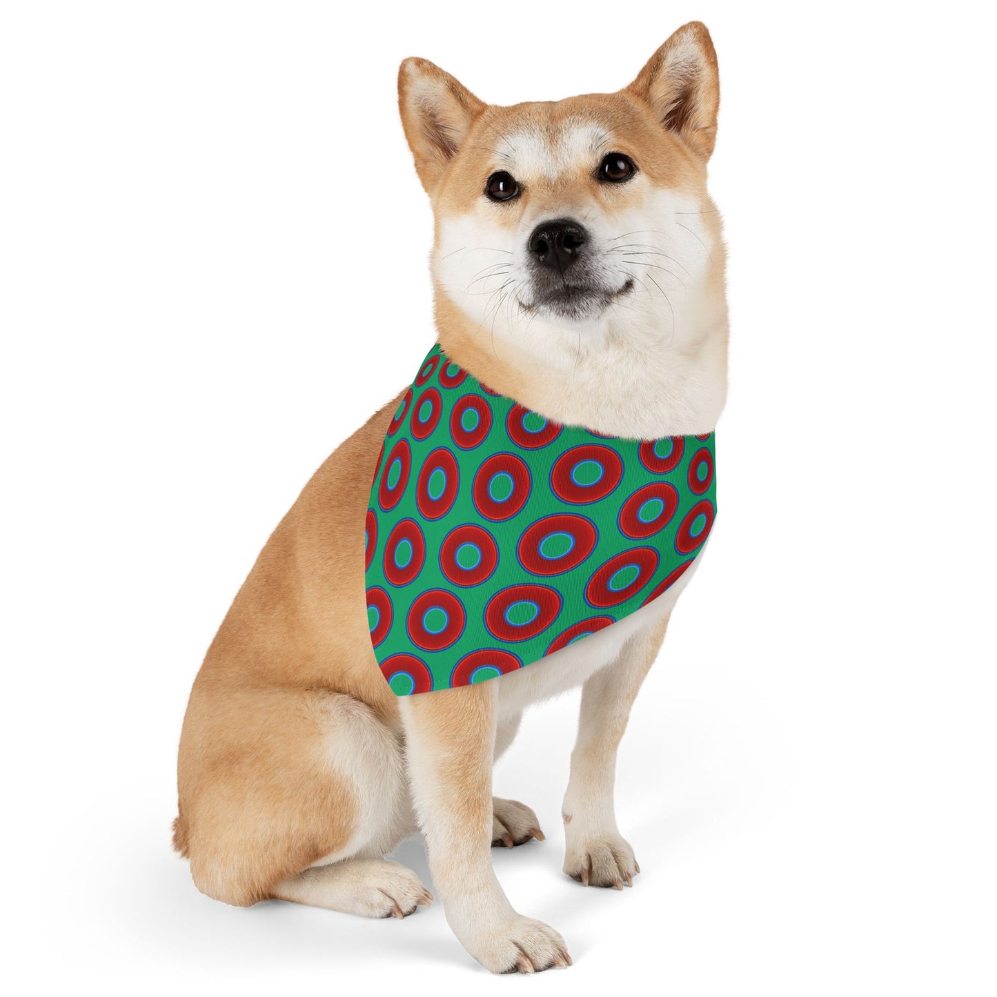 Jim's Lumpy Bandana Pet Collar - vivid red donuts w/jade green background