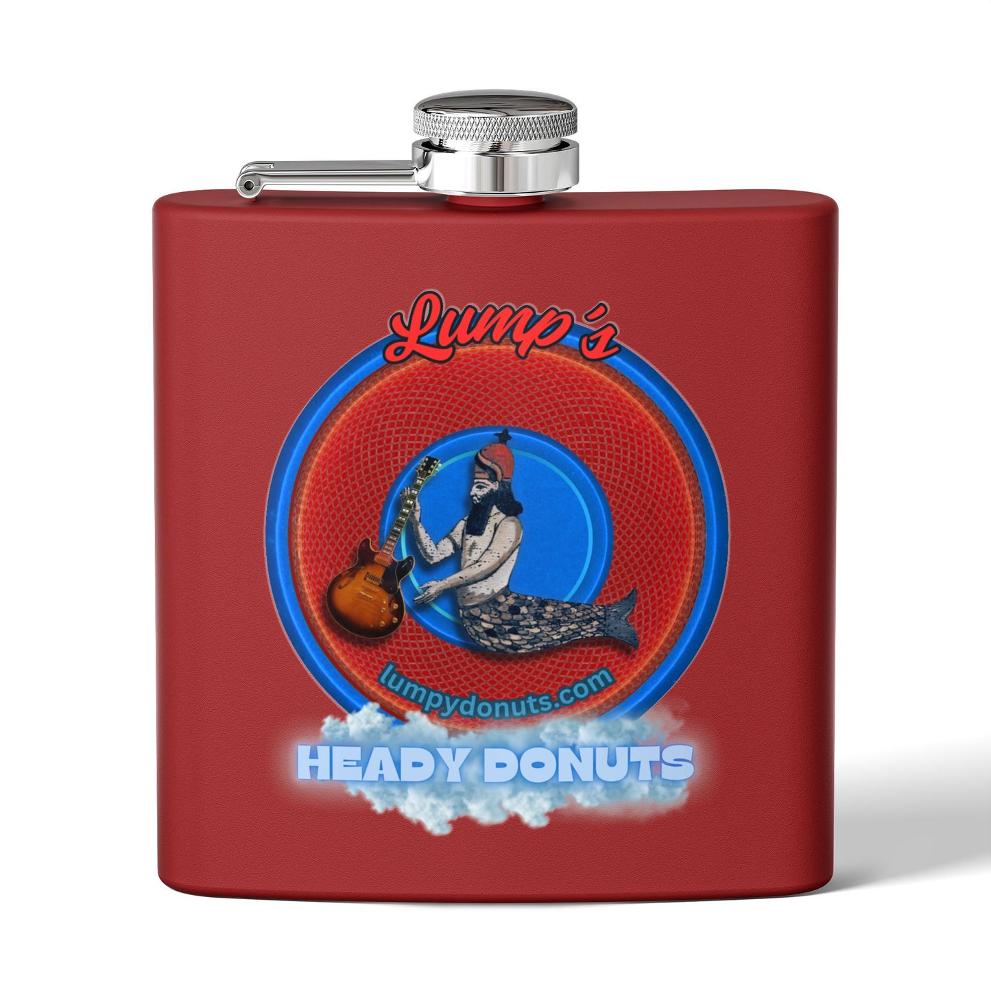 Lump's Donut Flask 6 oz -  "Lump's Heady Logo Flask" - red/blue rustic donut - [*w/your choice of 6 backgrounds]