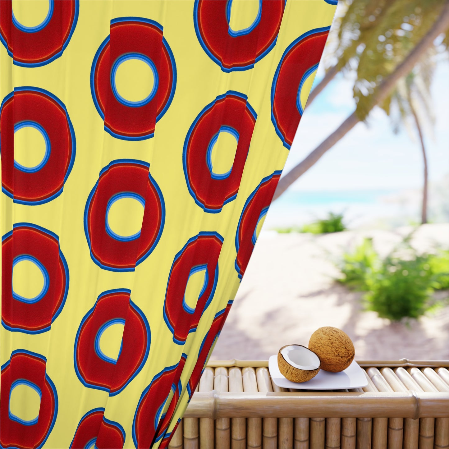 Lump's Heady Curtain w/Donuts - vivid red donut print - w/yellow background - [*1 Piece / 50" x 84"]