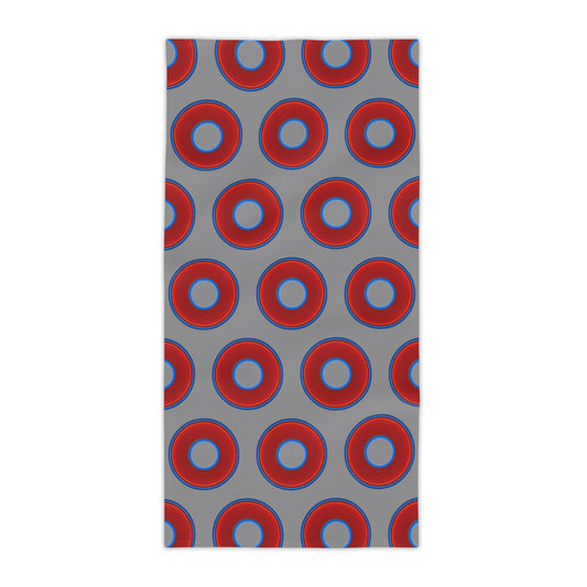 Lumpy Donut Towels - vivid red donuts w/gray background