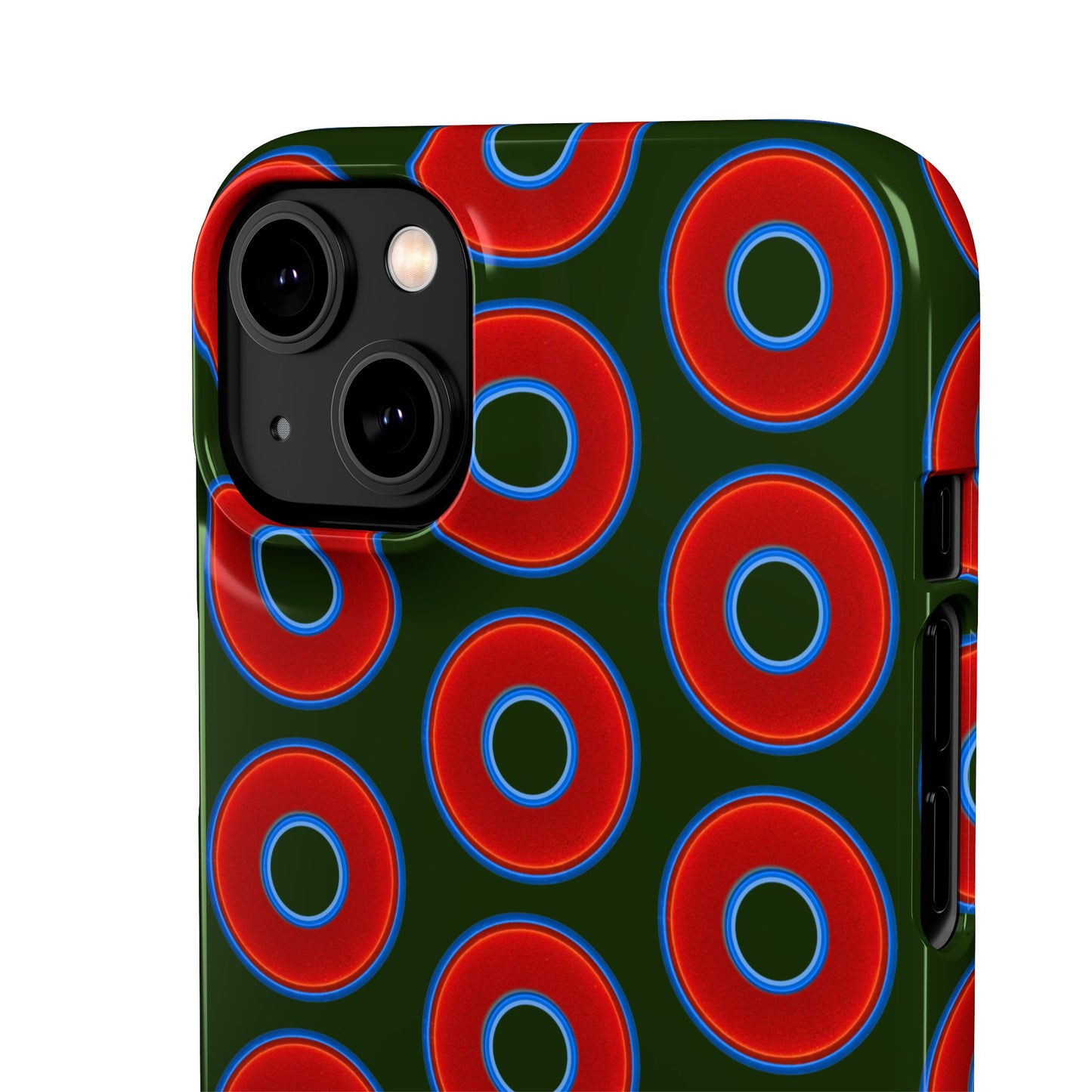 Lumpy Donut Snap Case - red vivid donut print w/deep forest green background