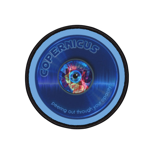 Iron-On Donut Patch - "Drunken Copernicus" - series 1.0 - variant 1 - blue record donut