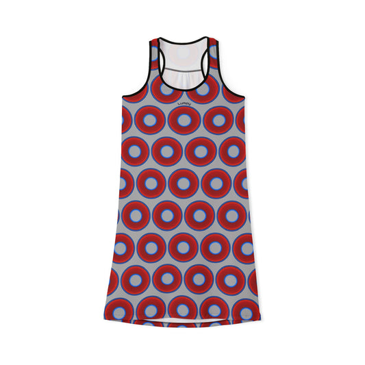 Tela's Lumpy Racerback Donut Dress - red vivid donut print w/light gray background