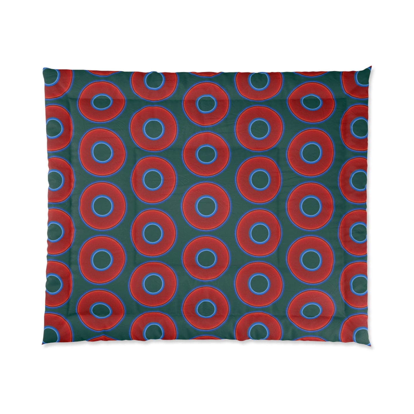 The Very Lumpy Comforter - vivid red donuts w/dark Fenway green background