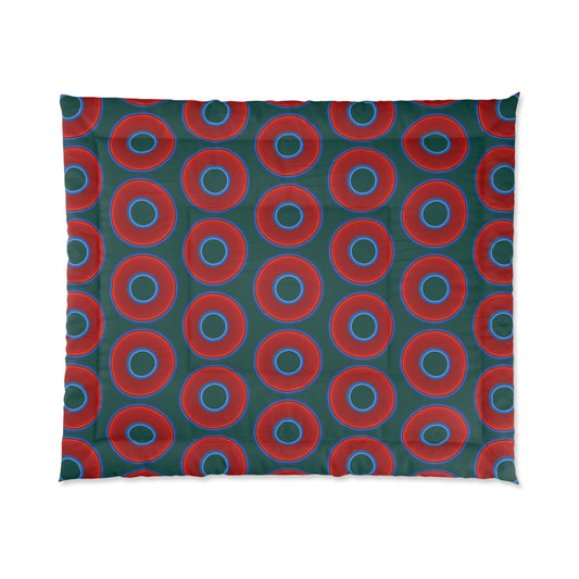 The Very Lumpy Comforter - vivid red donuts w/dark Fenway green background