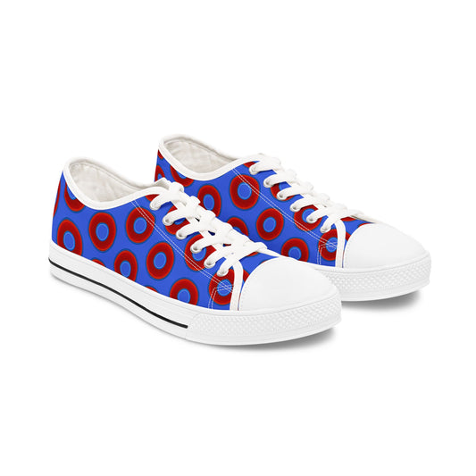 Women's - Low Top Chuck Taylors - large vivid red donut print w/royal blue background
