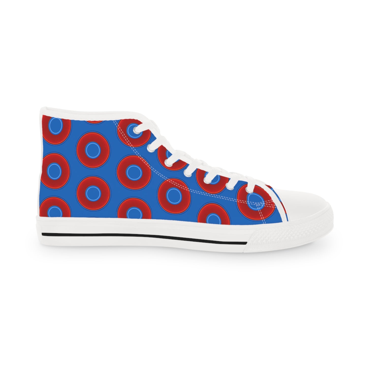 Men's High Top Chucks - large vivid red donut print w/dark royal blue background
