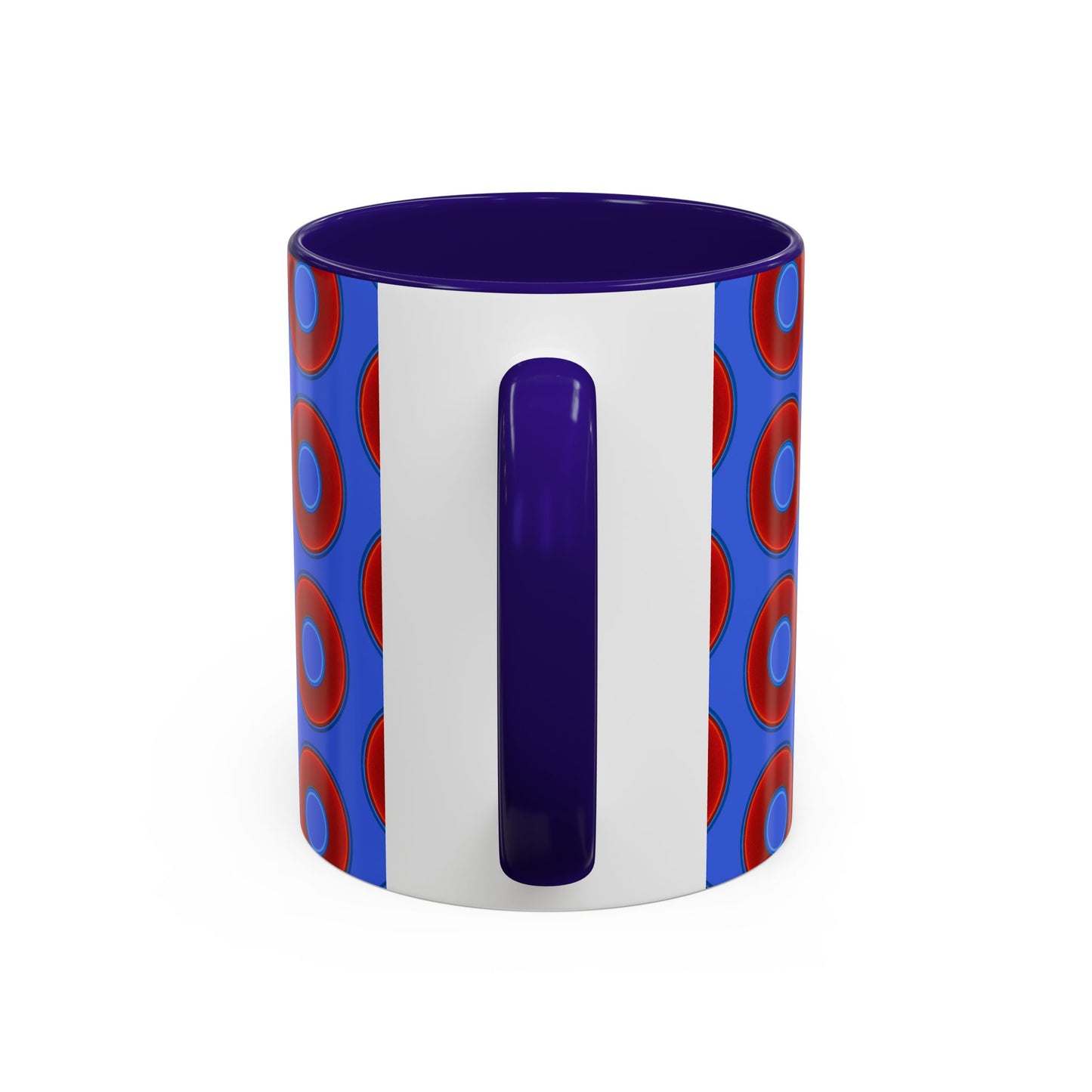 Lump's Grumpy Coffee Mug - vivid red donuts w/royal blue background