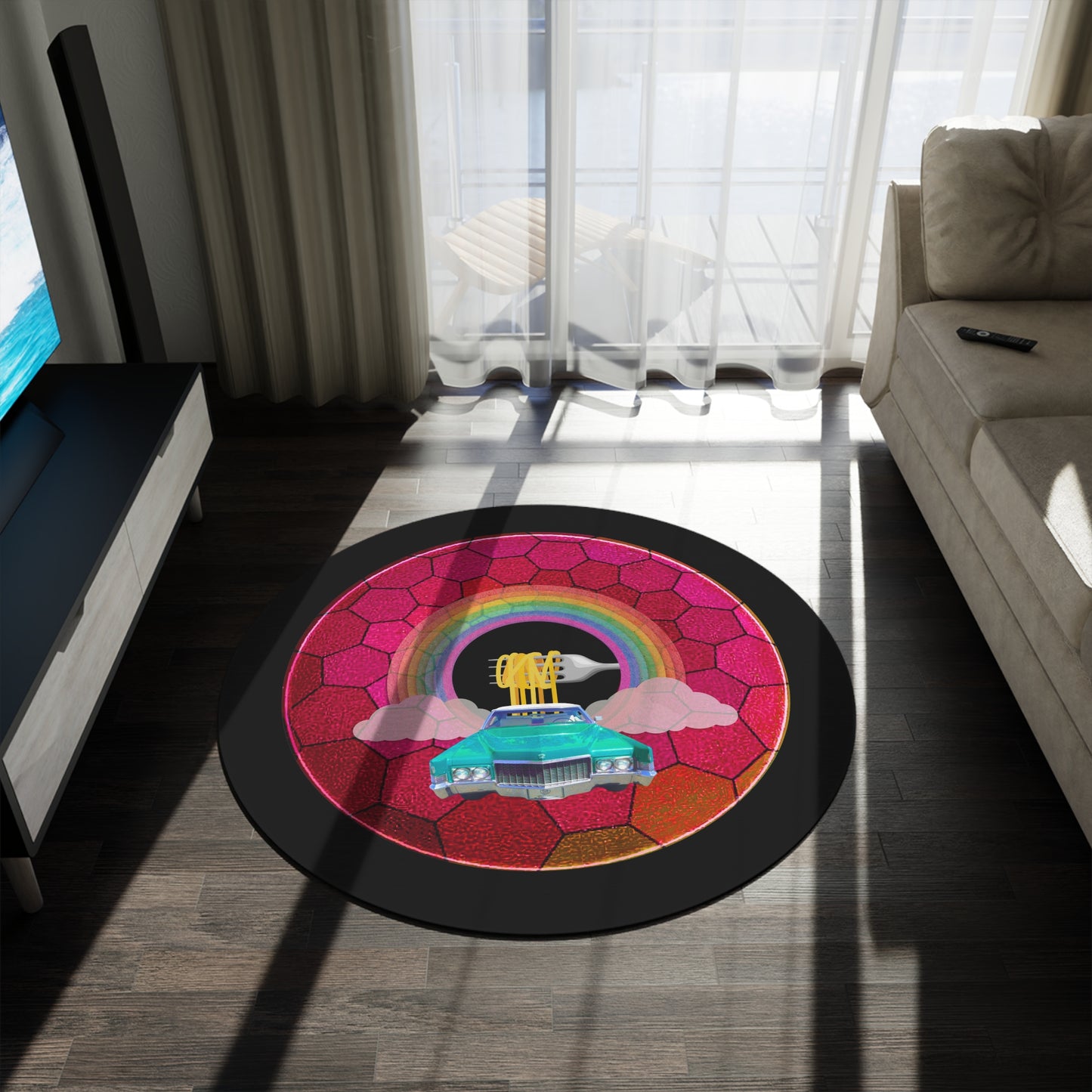 Round Room - 5 ft x 5 ft Lumpy Donut Rug - "Cadillac Rainbow Donut Rug" - magenta hexadonut w/black background - variant 3
