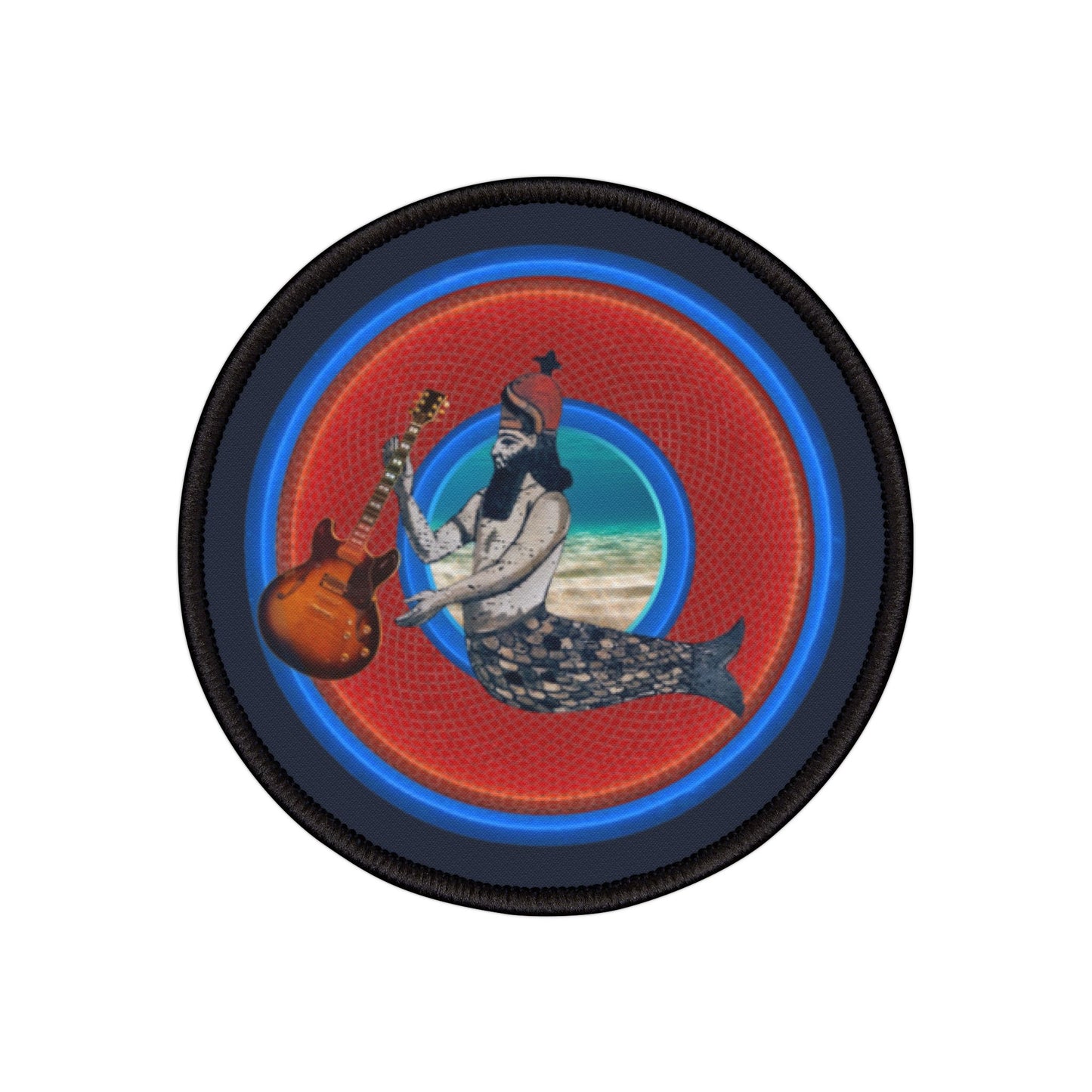 Iron-On Donut Patch - "Doggone Dagon Donut - The 1st Rockstar" - rustic red/blue donut - variant 4