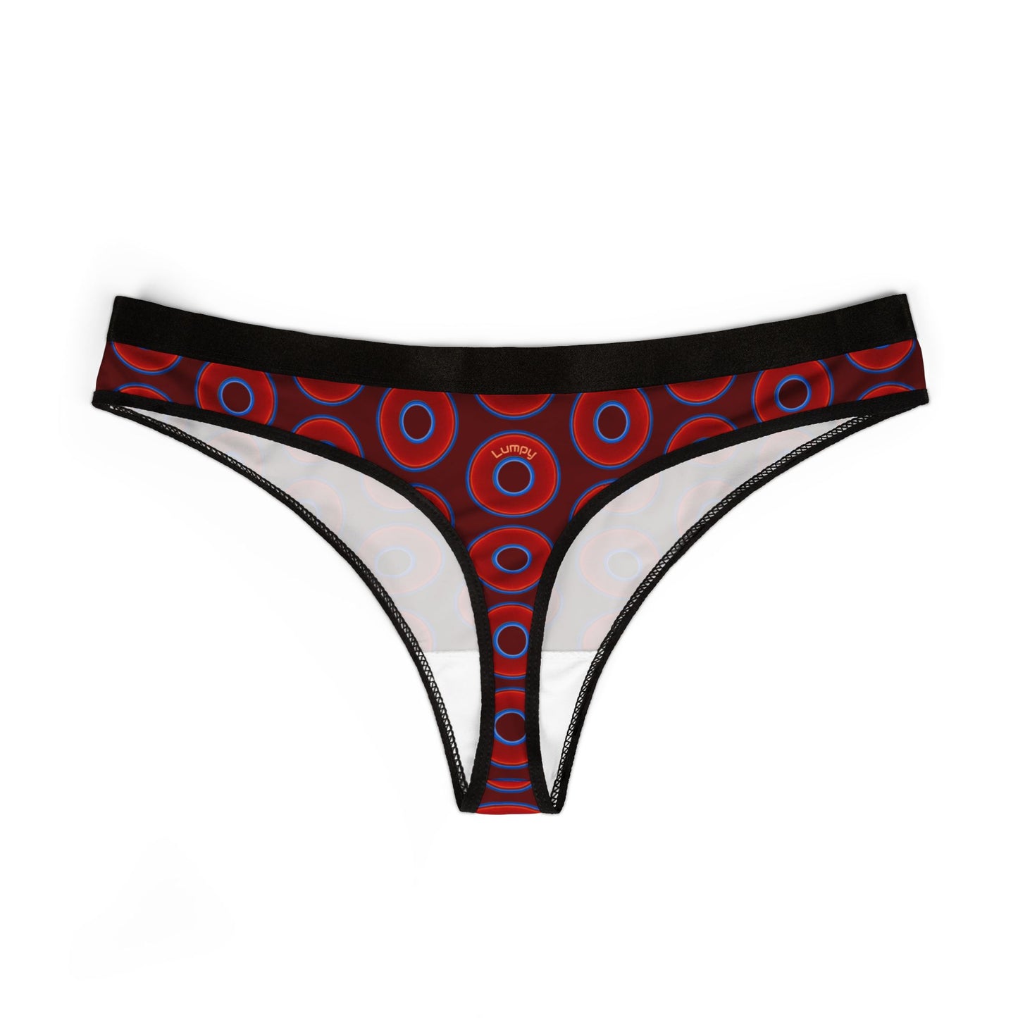 Lumpy Donut Thongs - red vivid donut print w/dark red background